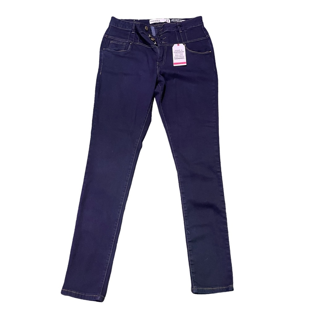 Vienna NWT, Hi-Waist Rise Dark Blue Button Up Skinny Jeans, Woman’s Size 13,